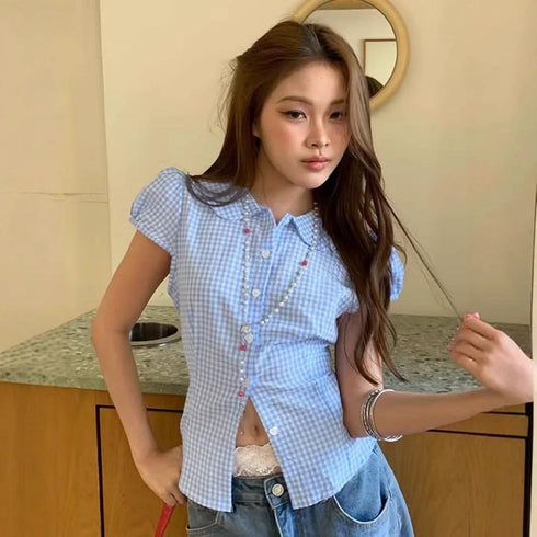 Summer Short Puff Sleeves Peter Pan Collar Fitted Tops